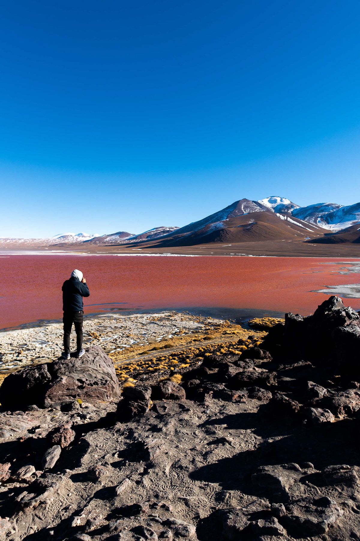 A photographer overlooking the red waters of Laguna Colorada, Bolivia